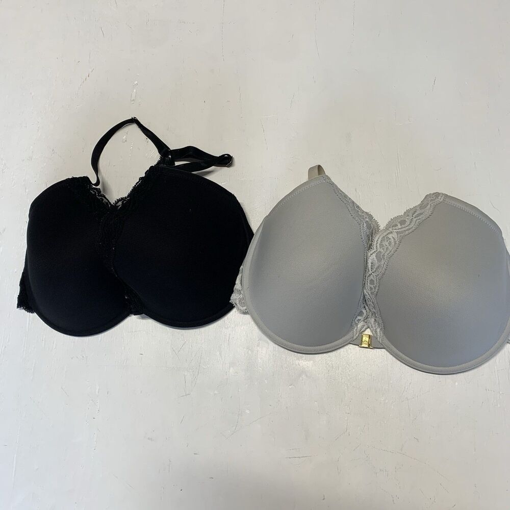 Natori Lot Of 2 Racerback 34DD Bra Front Clasp Black And Light Blue